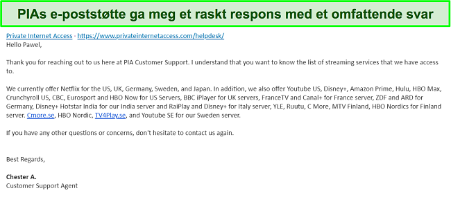 Skjermbilde av et svar fra PIA VPN e-poststøtte.
