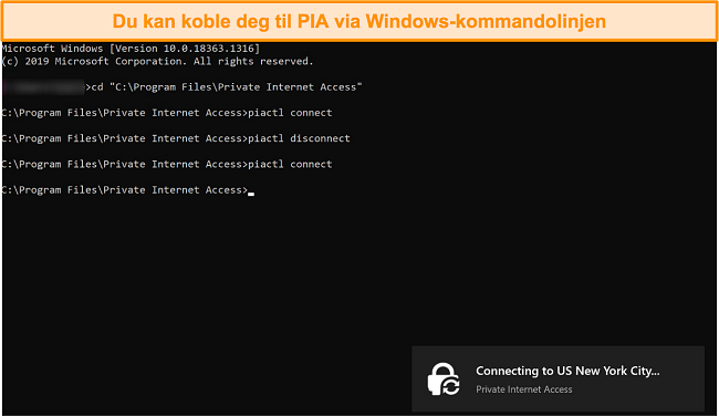 Skjermbilde av tilkobling til PIA via Windows-kommandolinjen.