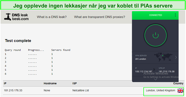 Skjermbilde av en vellykket PIA-lekkasjetest.