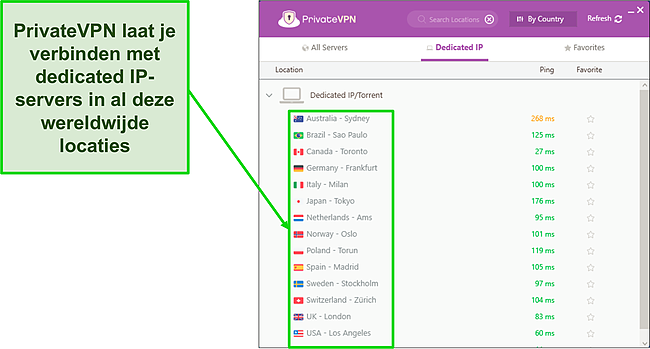 Screenshot van Private VPN Dedicated IP-servermenu in Windows.