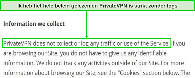 Screenshot van het privacybeleid van PrivateVPN op haar website.