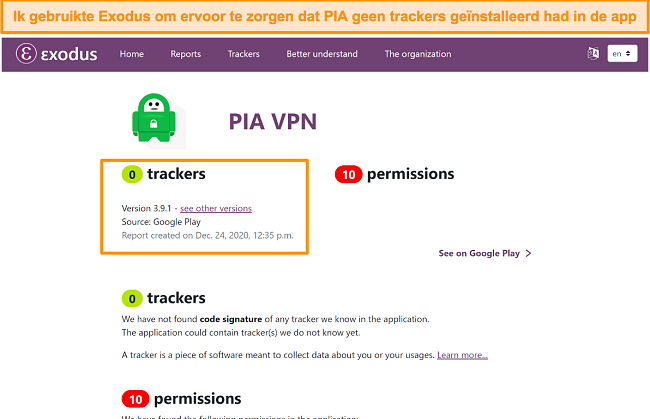 Een screenshot van de Exodus-tool, waaruit blijkt dat er geen trackers zijn geïnstalleerd op de software van PIA