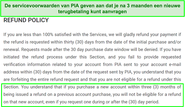 Screenshot van het restitutiebeleid van PIA