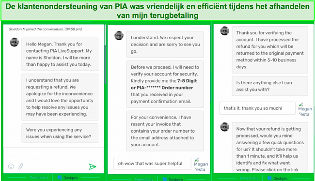 Screenshot van PIA-klantenservicechat tijdens het aanvragen van een terugbetaling.