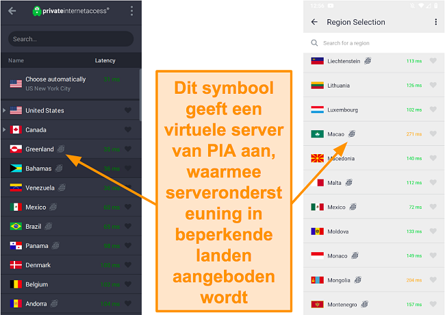 Screenshot van de PIA-desktopclient en het Android-programma, met de gegeolokaliseerde servers