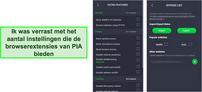 Screenshot van de browserextensie-instellingen van PIA VPN.