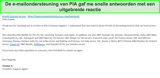 Screenshot van een antwoord van de e-mailondersteuning van PIA VPN.