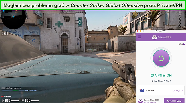 Zrzut ekranu meczu Counter-Strike, gdy PrivateVPN jest podłączony do serwera w Australii.