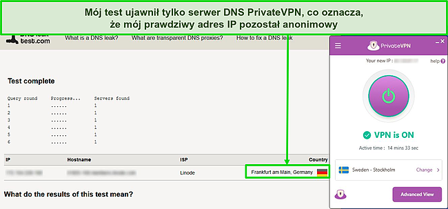 Zrzut ekranu testu szczelności DNS ujawniającego serwer DNS w Niemczech podczas połączenia z serwerem PrivateVPN w Szwecji.