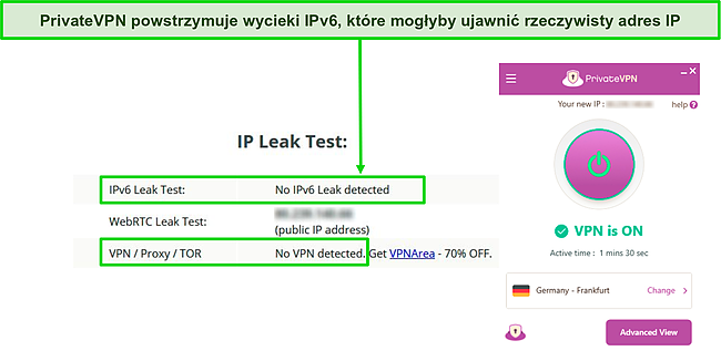 Zrzut ekranu z udanego testu szczelności IPv6 podczas połączenia z serwerem PrivateVPN w Niemczech.