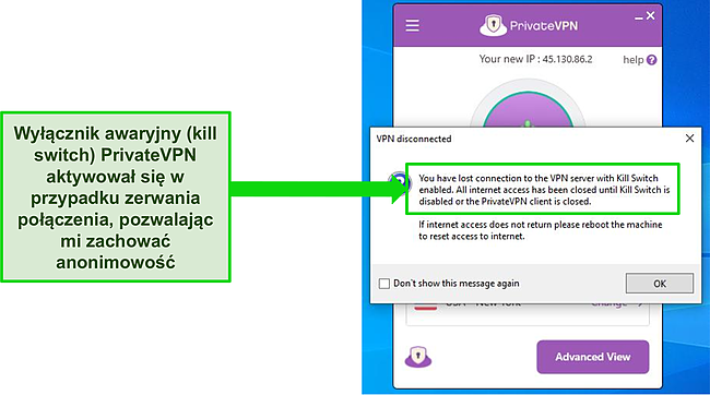 Zrzut ekranu okna dialogowego prywatnego wyłącznika internetowego VPN.