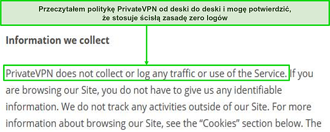 Zrzut ekranu polityki prywatności PrivateVPN na jego stronie internetowej.