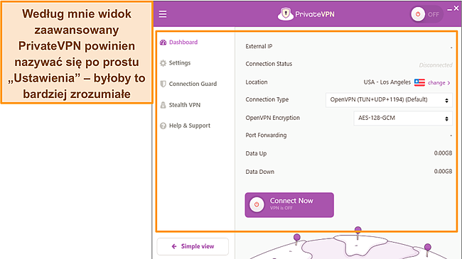 Zrzut ekranu Widoku zaawansowanego i Widoku prostego PrivateVPN w systemie Windows.