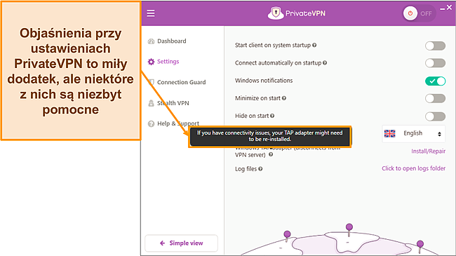 Zrzut ekranu wyjaśnień w menu ustawień PrivateVPN.