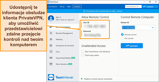 Zrzut ekranu ekranu głównego TeamViewer w systemie Windows.