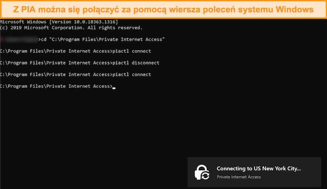 Zrzut ekranu przedstawiający połączenie z PIA za pomocą wiersza poleceń systemu Windows.