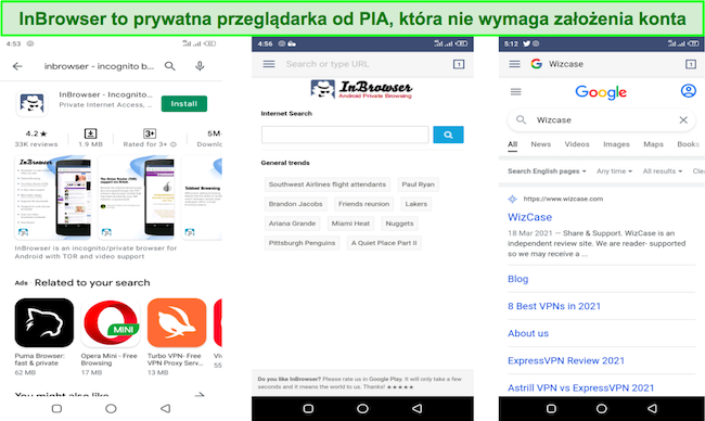 Zrzut ekranu aplikacji InBrowser firmy PIA dla systemu Android