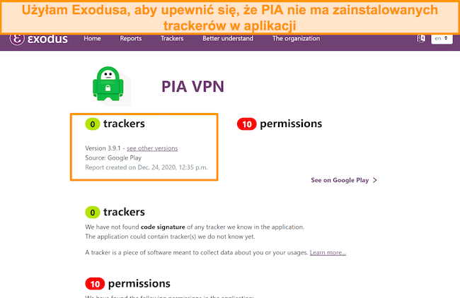 Zrzut ekranu narzędzia Exodus, który pokazuje, że w oprogramowaniu PIA nie ma zainstalowanych modułów śledzących