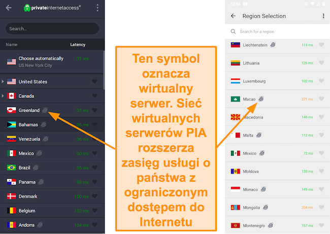 Zrzut ekranu klienta stacjonarnego PIA i programu na Androida, przedstawiający serwery geolokalizowane