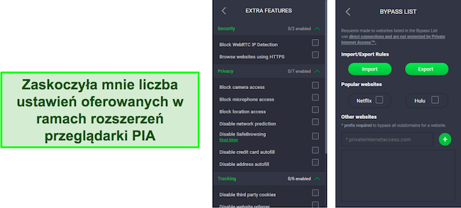 Zrzut ekranu ustawień rozszerzenia przeglądarki PIA VPN.