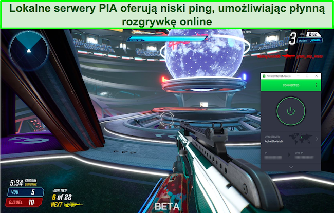 Screenshot of a game of Splitgate with PIA connected to a server