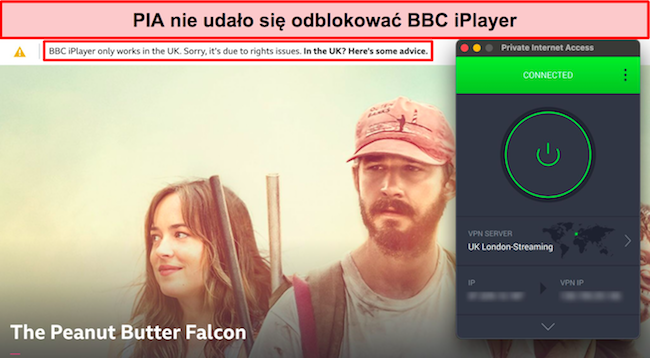 Zrzut ekranu przedstawiający, jak PIA nie odblokowuje BBC iPlayer.