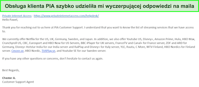 Zrzut ekranu odpowiedzi od pomocy e-mailowej PIA VPN.