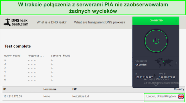 Zrzut ekranu przedstawiający udany test szczelności PIA.