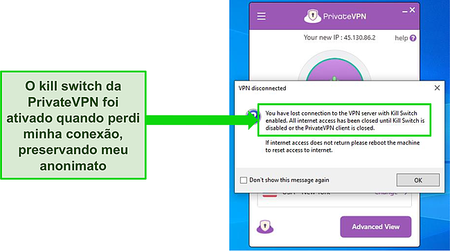 Captura de tela da caixa de diálogo Interruptor de interrupção da Internet VPN privada.