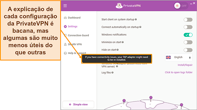 Captura de tela de Explicações no menu de configurações do PrivateVPN.