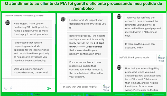 Captura de tela do bate-papo do atendimento ao cliente da PIA ao solicitar um reembolso.