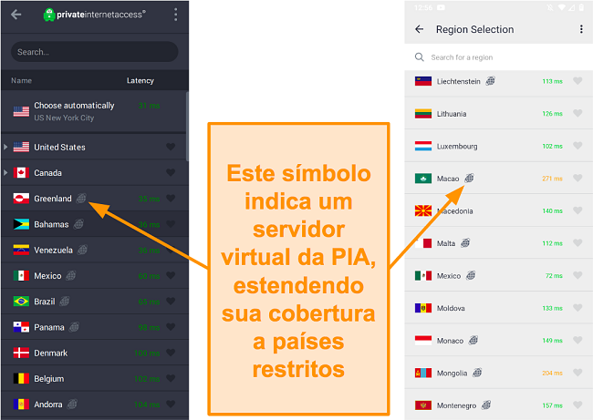 Captura de tela do cliente de desktop PIA e do programa Android, mostrando os servidores geolocalizados