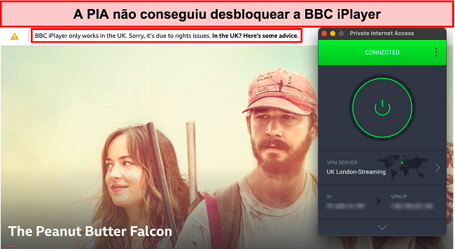 Captura de tela do PIA falhando ao desbloquear o BBC iPlayer.