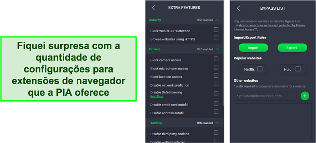 Captura de tela das configurações de extensão do navegador do PIA VPN.