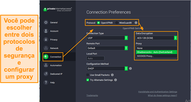 Captura de tela das configurações de conexão do PIA no Windows.