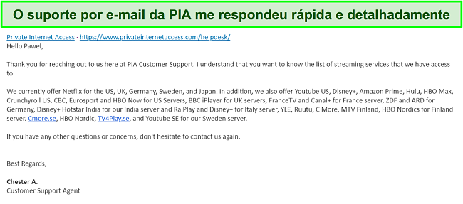 Captura de tela de uma resposta do suporte por e-mail do PIA VPN.