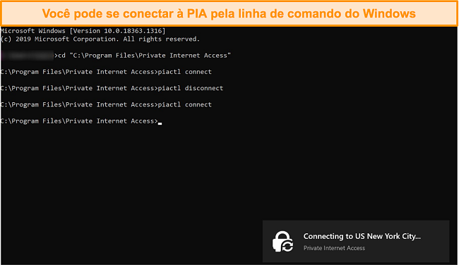 Captura de tela da conexão com o PIA por meio da linha de comando do Windows.