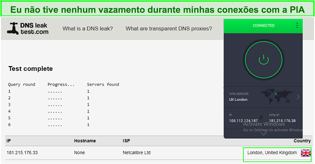 Captura de tela de um teste de vazamento PIA bem-sucedido.