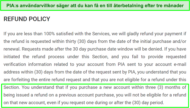 Skärmdump av PIA:s återbetalningspolicy