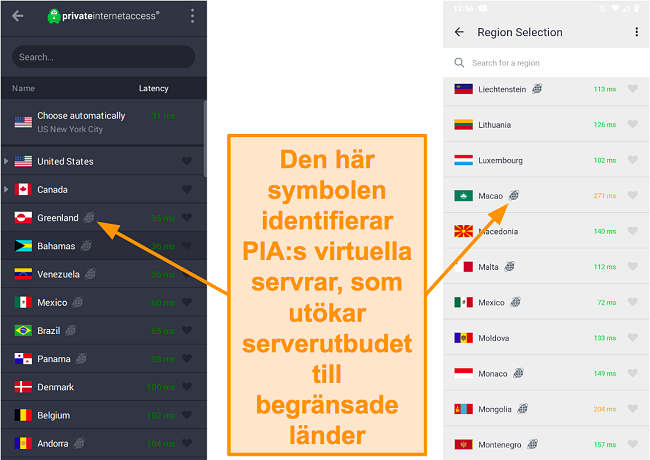 Skärmdump av PIA-skrivbordsklient och Android-program, som visar de geolokaliserade servrarna