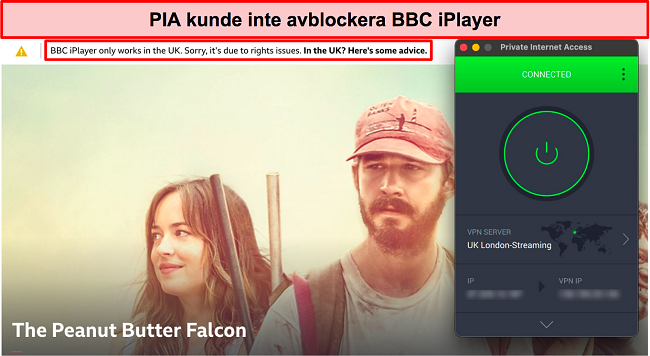 Skärmdump av PIA som misslyckas med att avblockera BBC iPlayer.