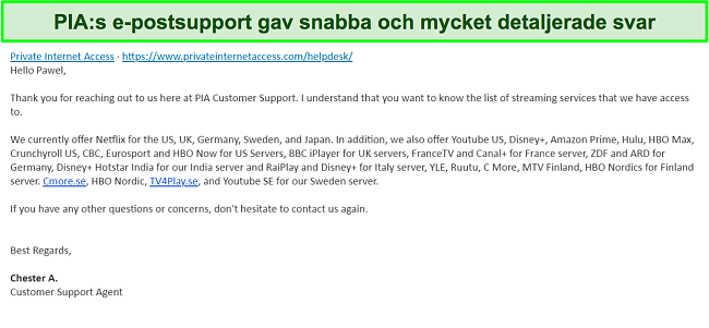 Skärmdump av ett svar från PIA VPN e-postsupport.