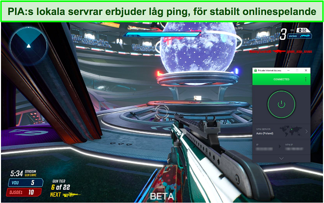 Skärmdump av PIA ansluten till en polsk server medan du spelar Splitgate.