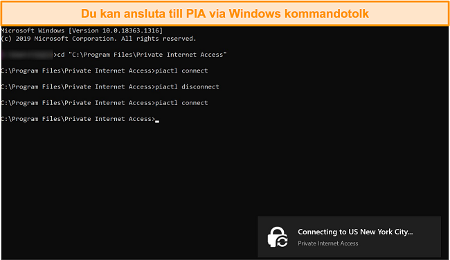 Skärmdump av anslutning till PIA via Windows kommandorad.
