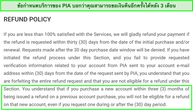 ภาพหน้าจอของนโยบายการคืนเงินของ PIA