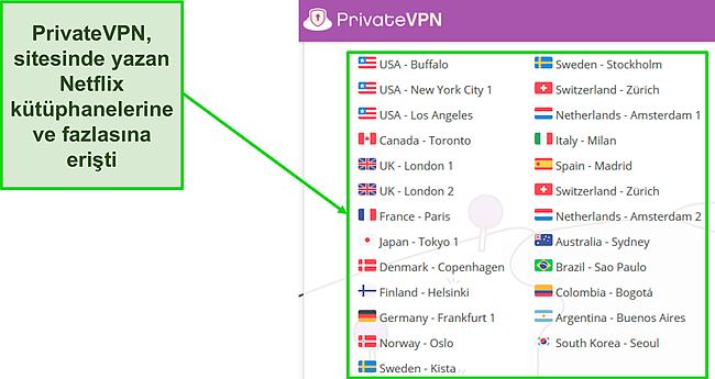 PrivateVPN'in web sitesinde Netflix ile çalışması gereken sunucuların listesinin ekran görüntüsü.