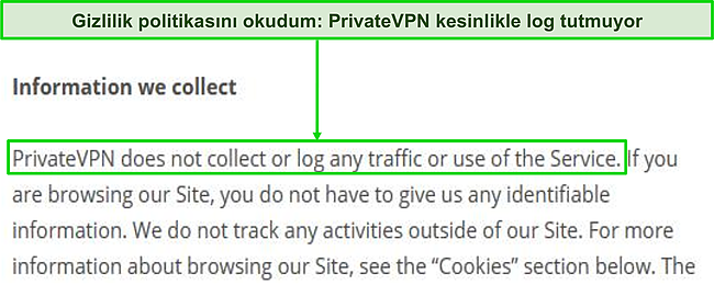 PrivateVPN'in web sitesindeki gizlilik politikasının ekran görüntüsü.
