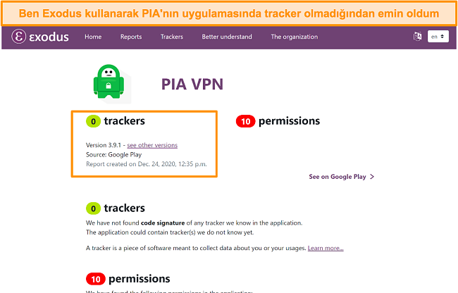 PIA'nın yazılımında yüklü izleyici olmadığını gösteren Exodus aracının ekran görüntüsü