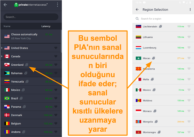 Coğrafi konumlu sunucuları gösteren PIA masaüstü istemcisi ve android programının ekran görüntüsü