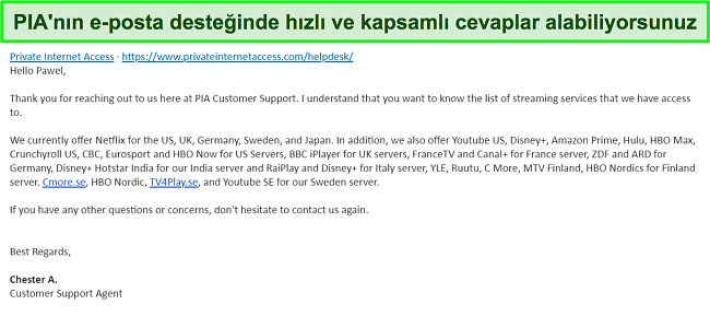 PIA VPN e-posta desteğinden gelen bir yanıtın ekran görüntüsü.